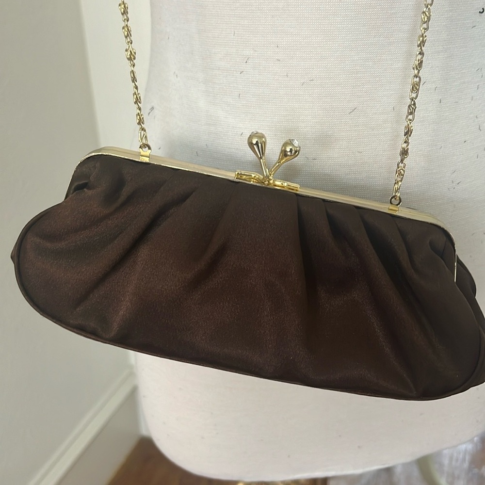 Jessica McClintock brown satin evening purse gold diamond clasp gold chain strap